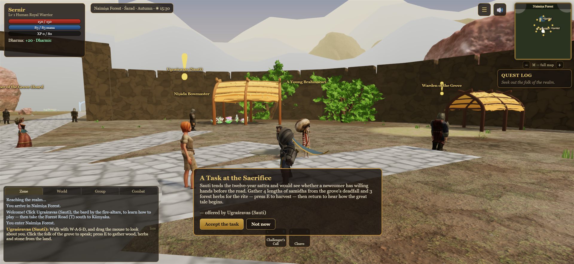 Accepting a quest from Sauti in Naimiṣa Forest